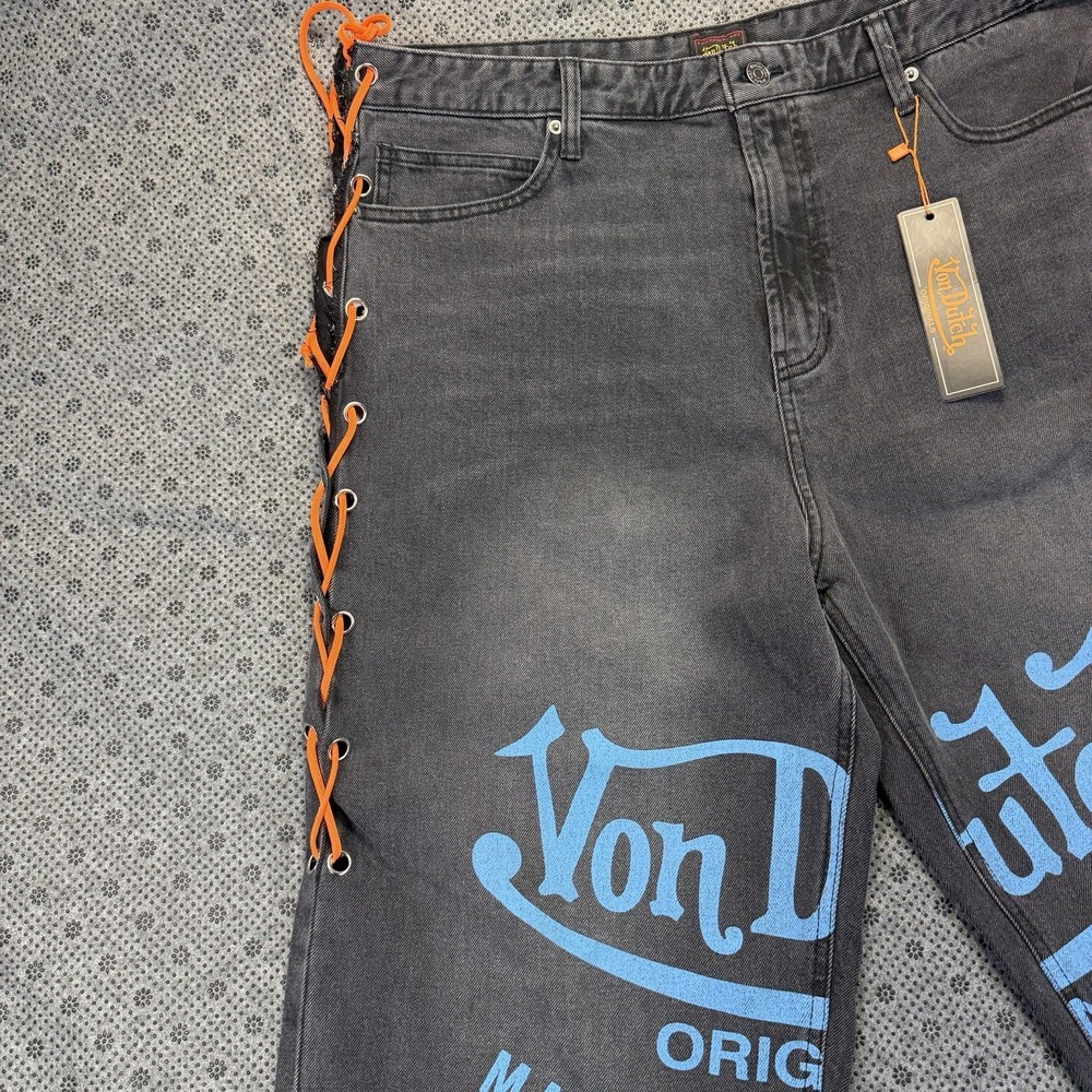 Men's Von Dutch The Reapers Baggy Embroidered Jeans Washed Black Denim Size 36 - Picture 5 of 16